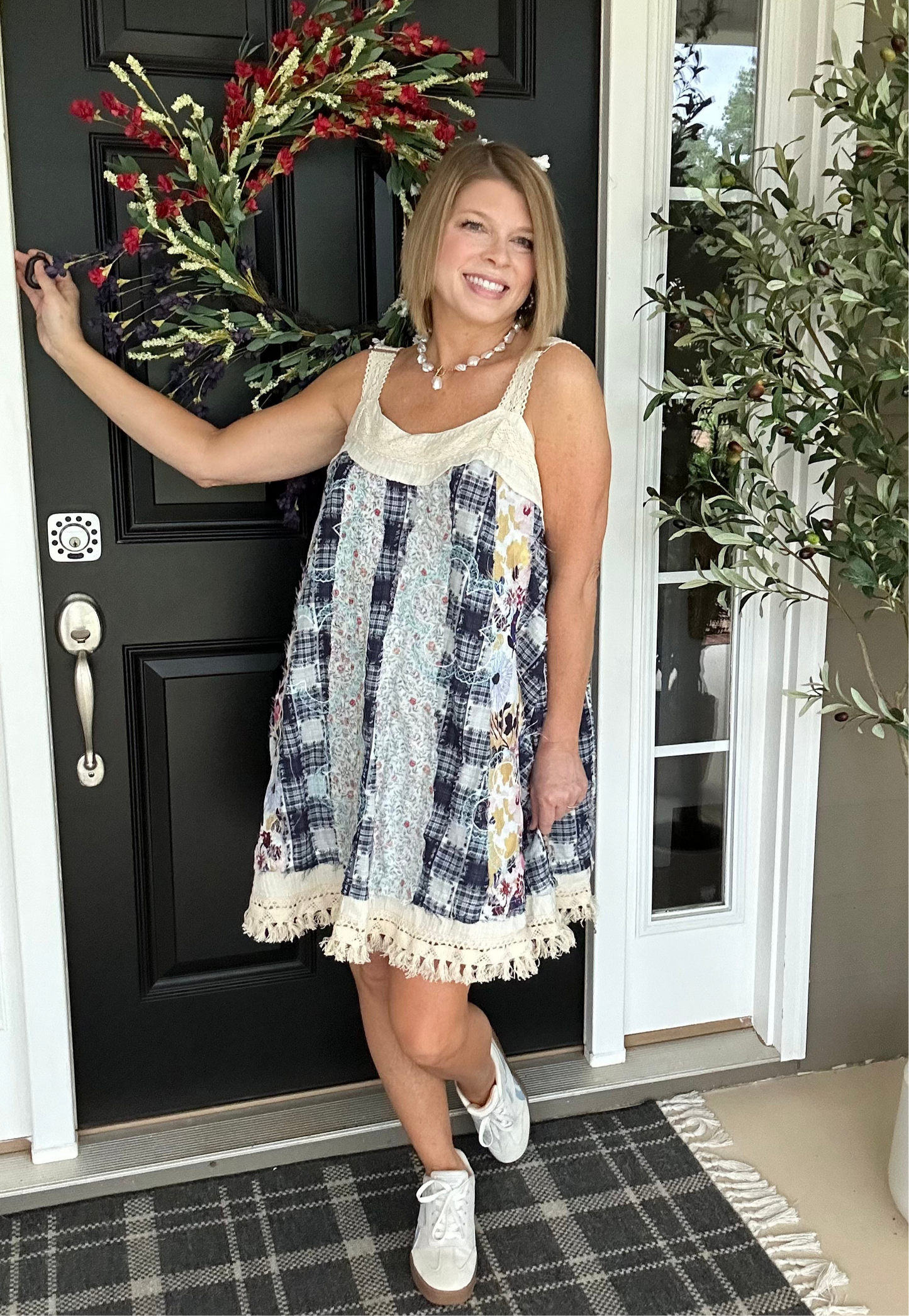 Sweet Stitches Patchwork Mini Sundress | Blue Multi