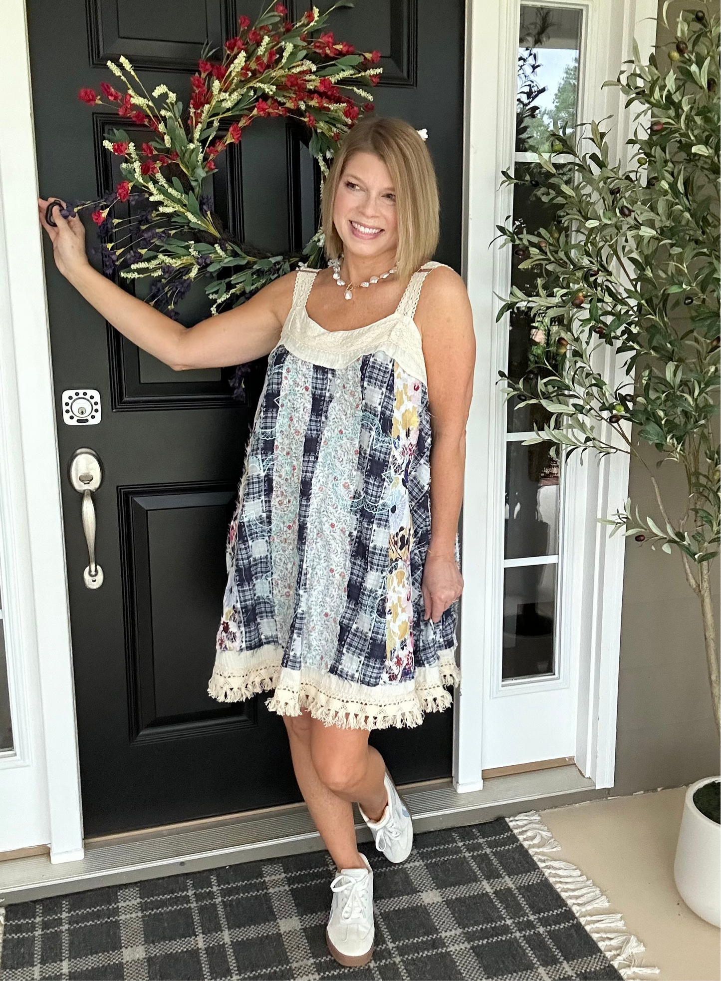 Sweet Stitches Patchwork Mini Sundress | Blue Multi
