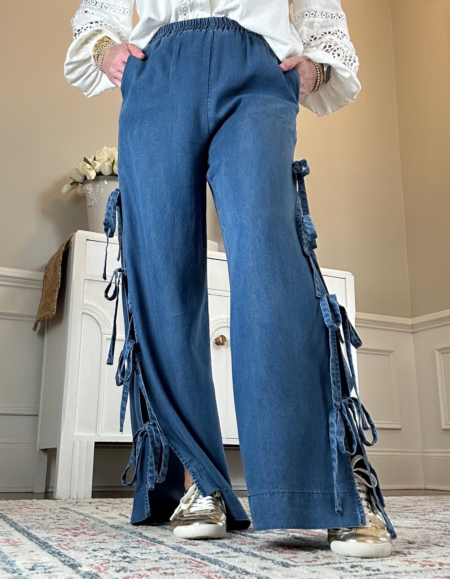 Bow Detail Wide Leg Pant | Denim