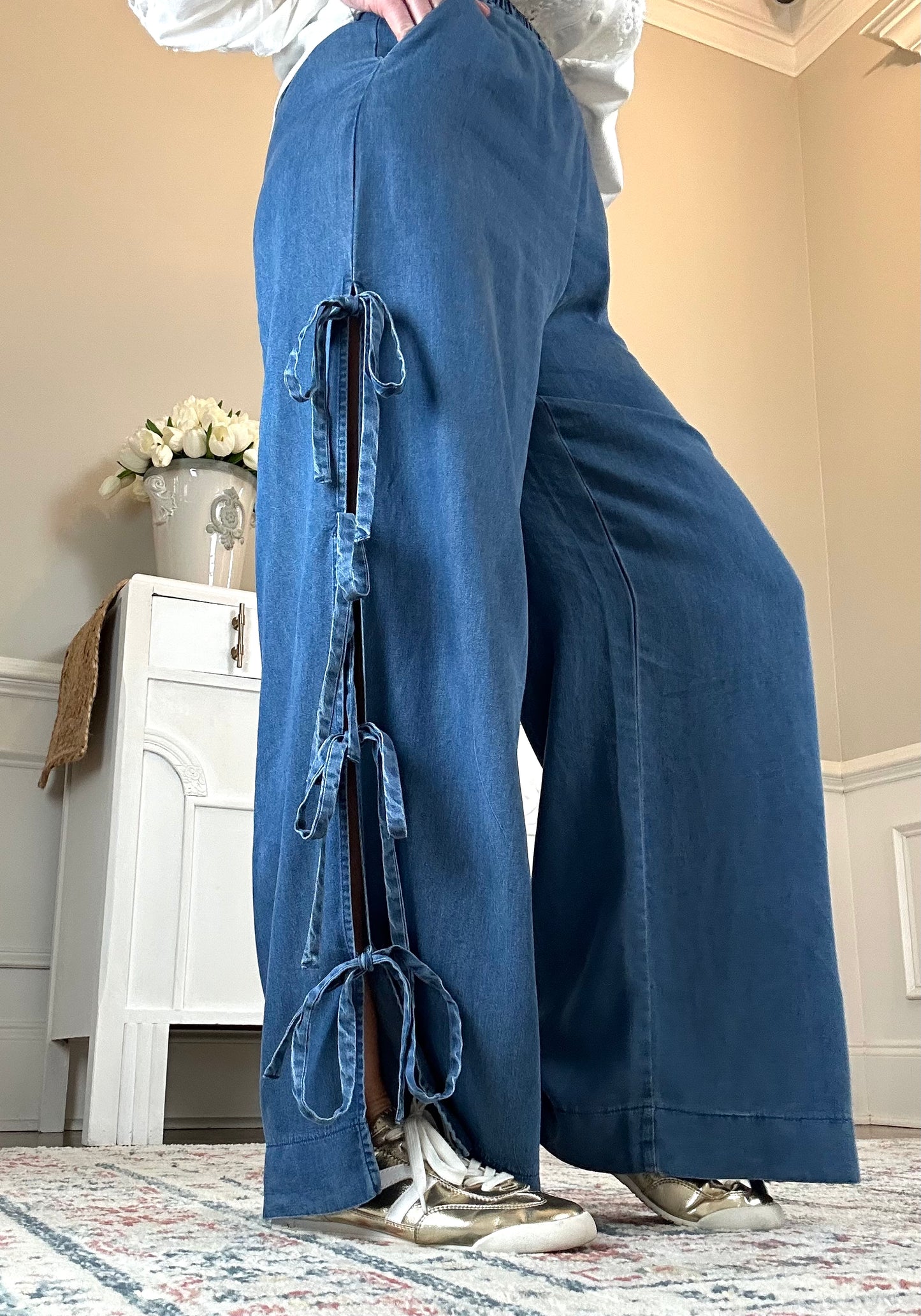 Bow Detail Wide Leg Pant | Denim