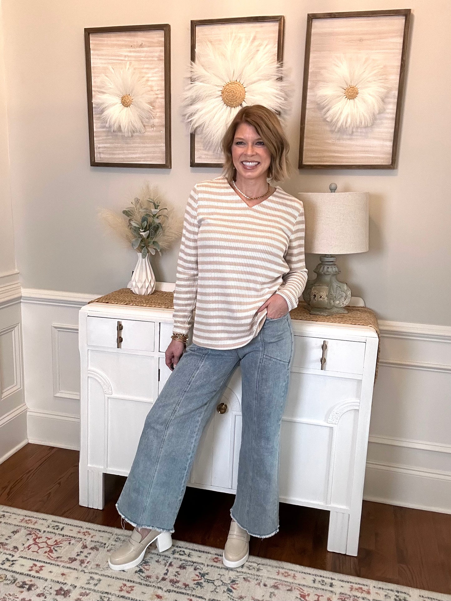 *DOORBUSTER* Casual Comfort Striped Sweater | Tan - The Sassy Rack