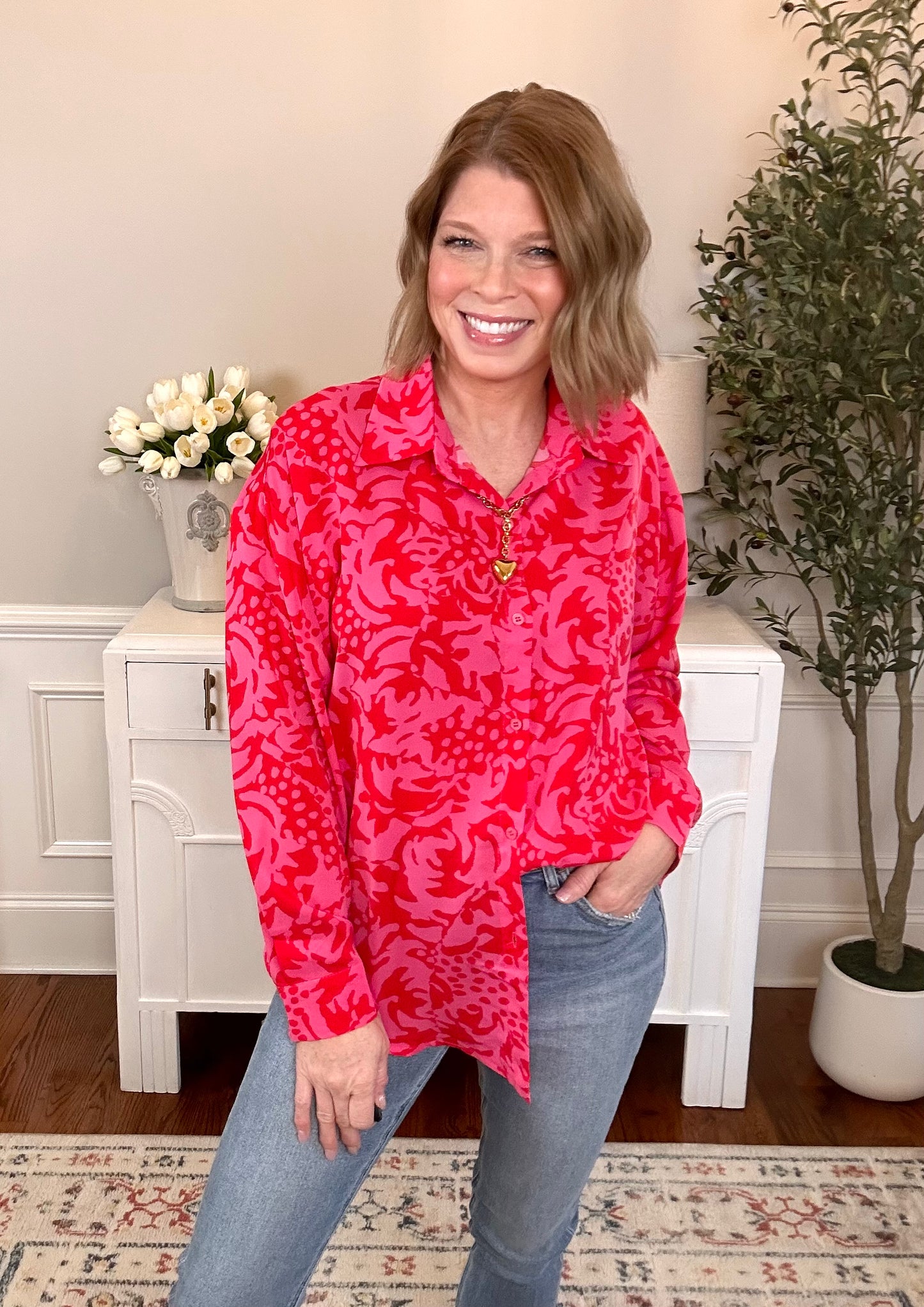 Liza Button up Floral Top | Hot Pink