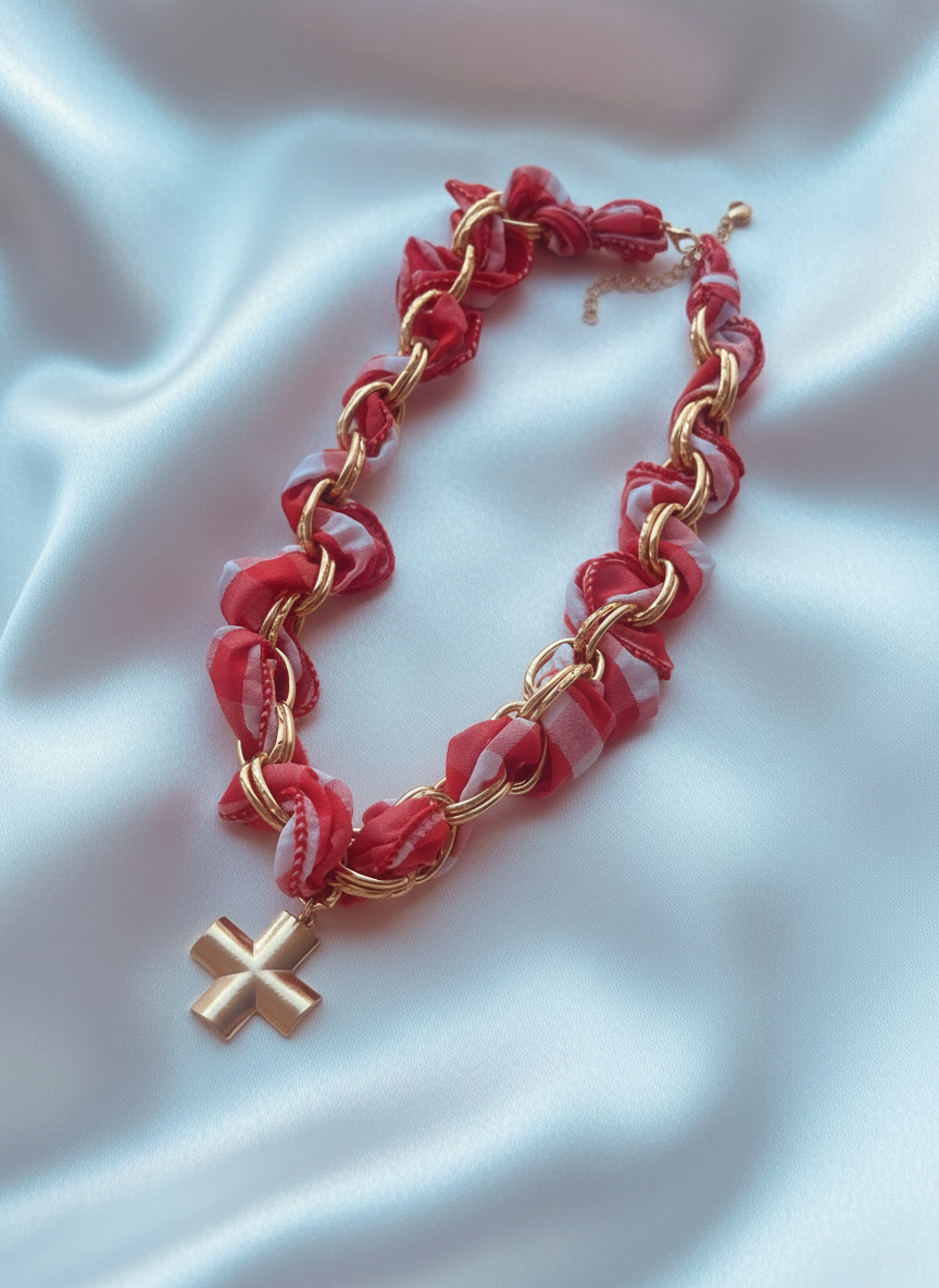 Cross Charm Scarf Necklace | Red