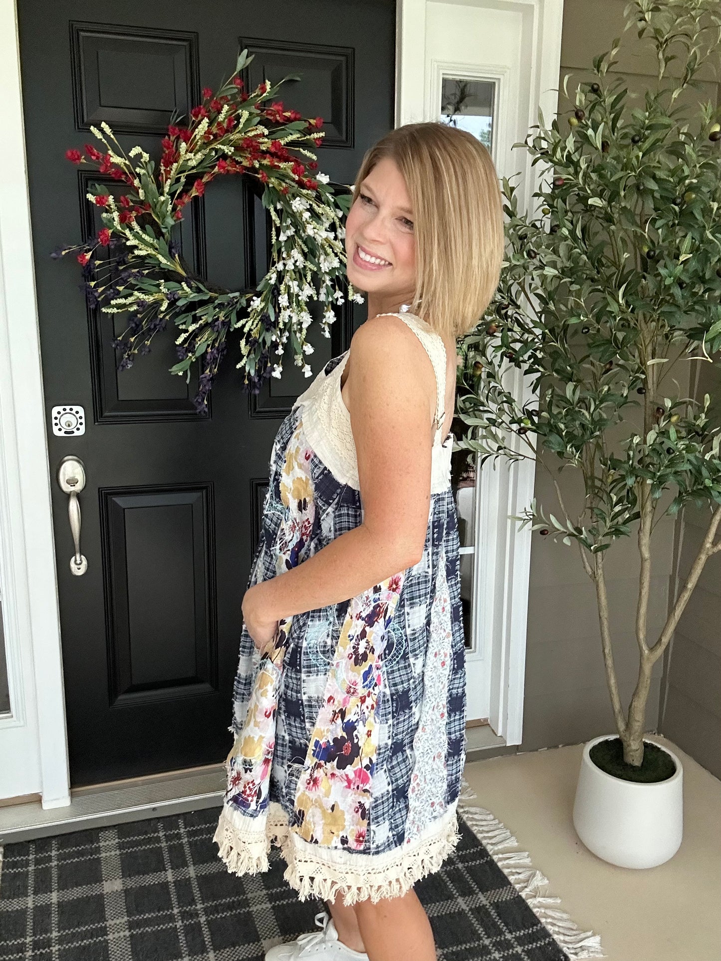 Sweet Stitches Patchwork Mini Sundress | Blue Multi