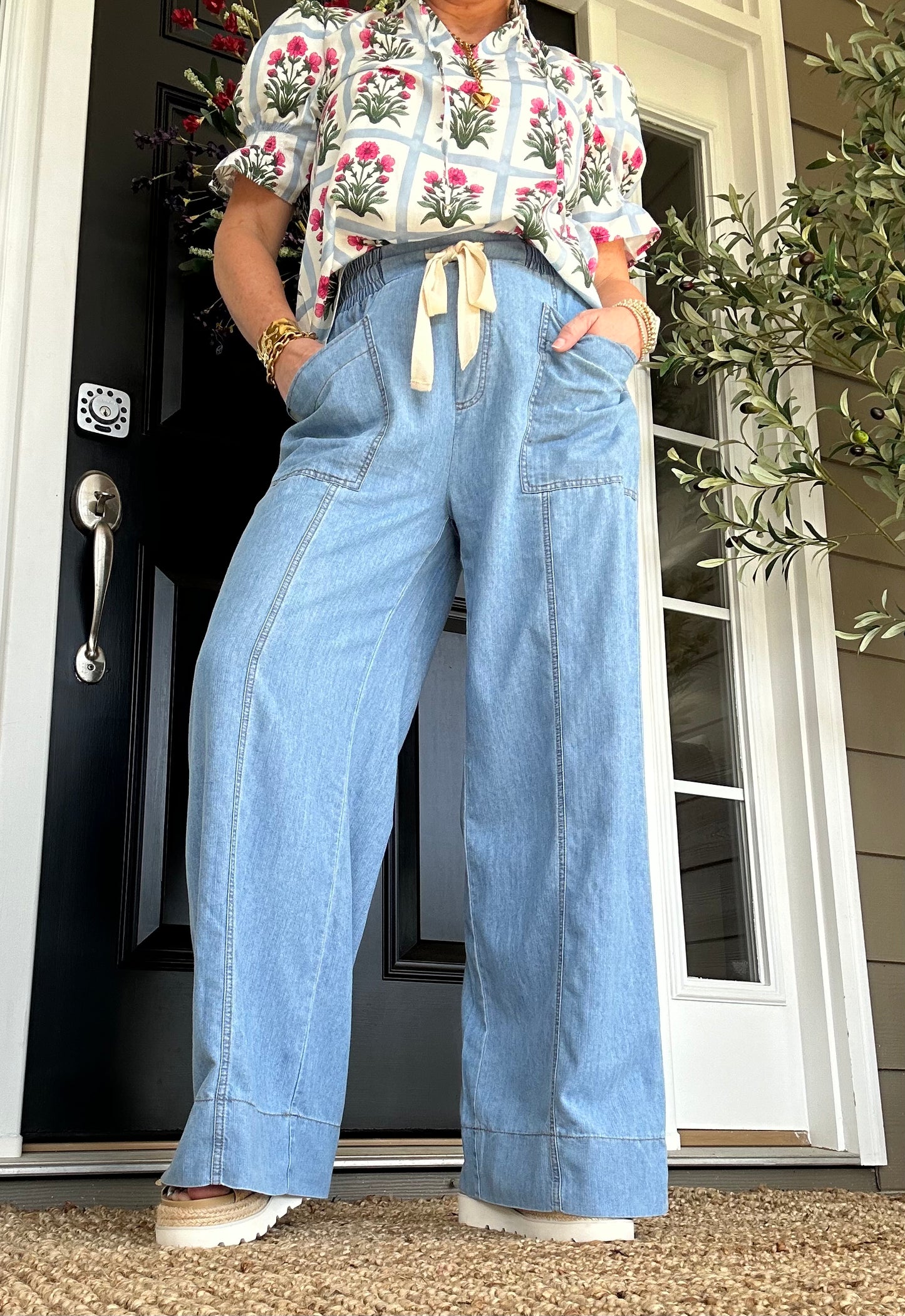 Drawstring Wide Leg Denim