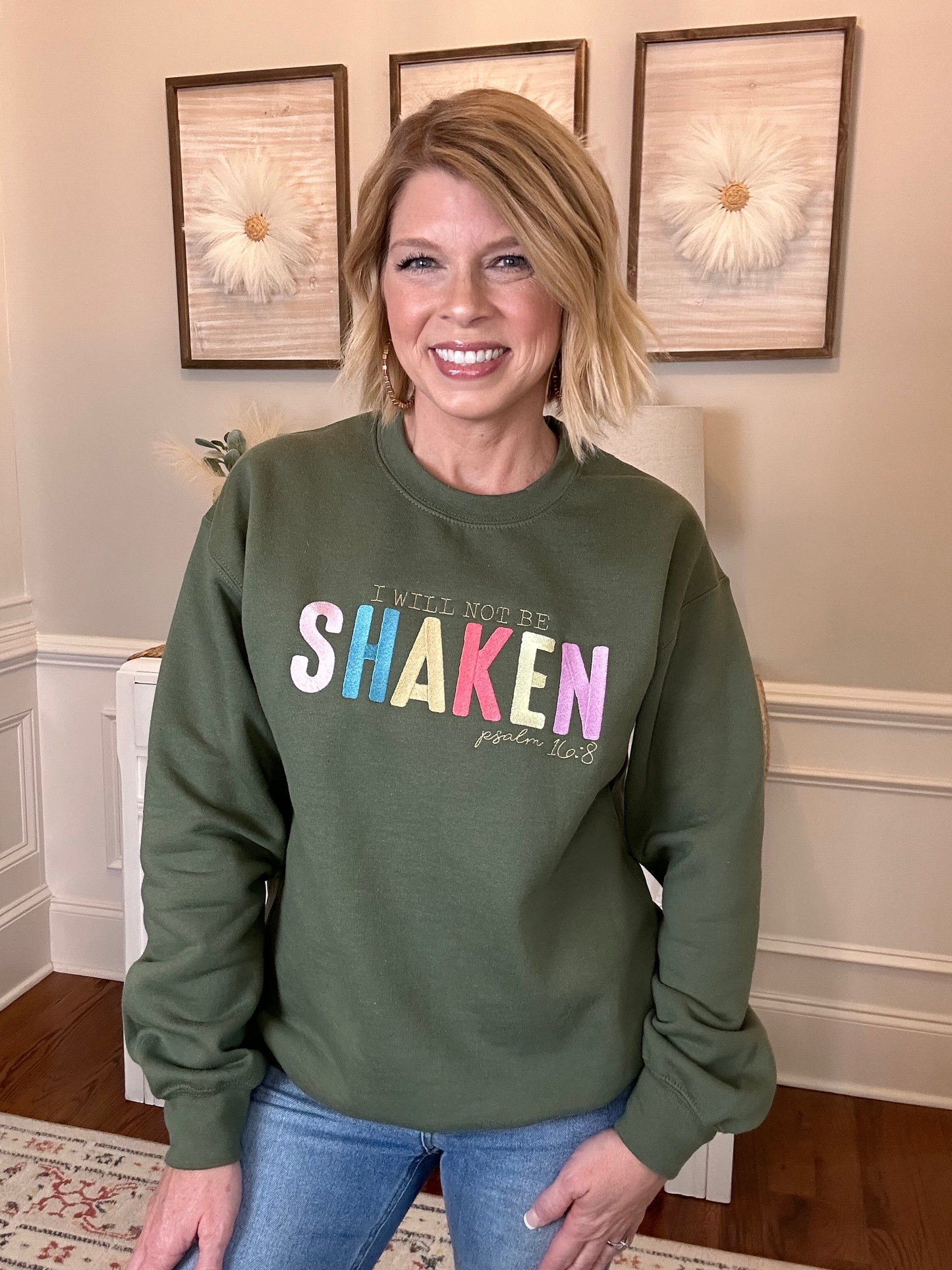 I Will Not Be Shaken Embroidered Sweatshirt | Dark Olive - The Sassy Rack