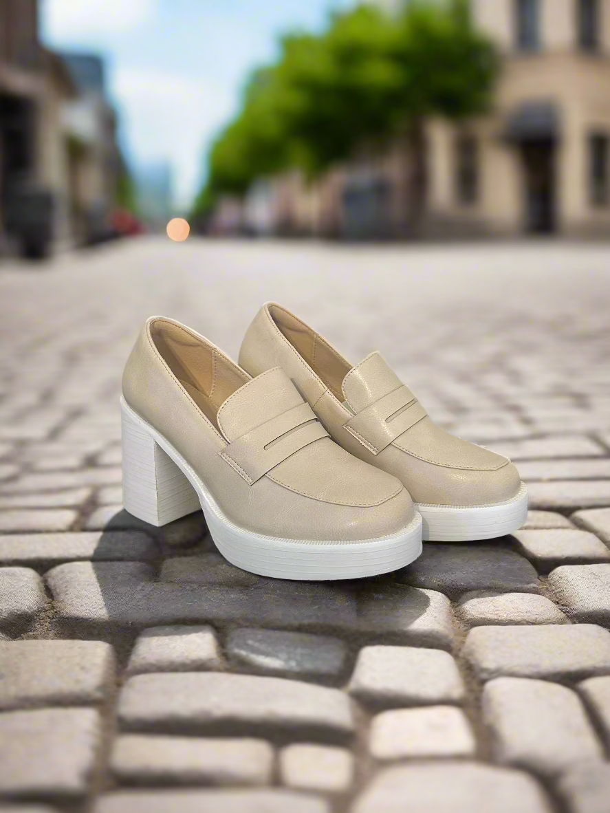 The Hannah Platform Penny Loafer | Beige - The Sassy Rack