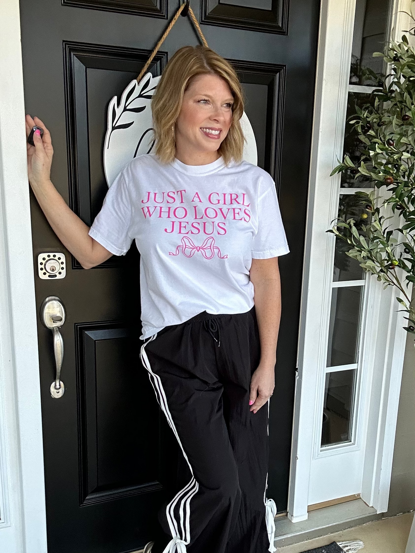 Just A Girl Who Loves Jesus Tee | Pink on White