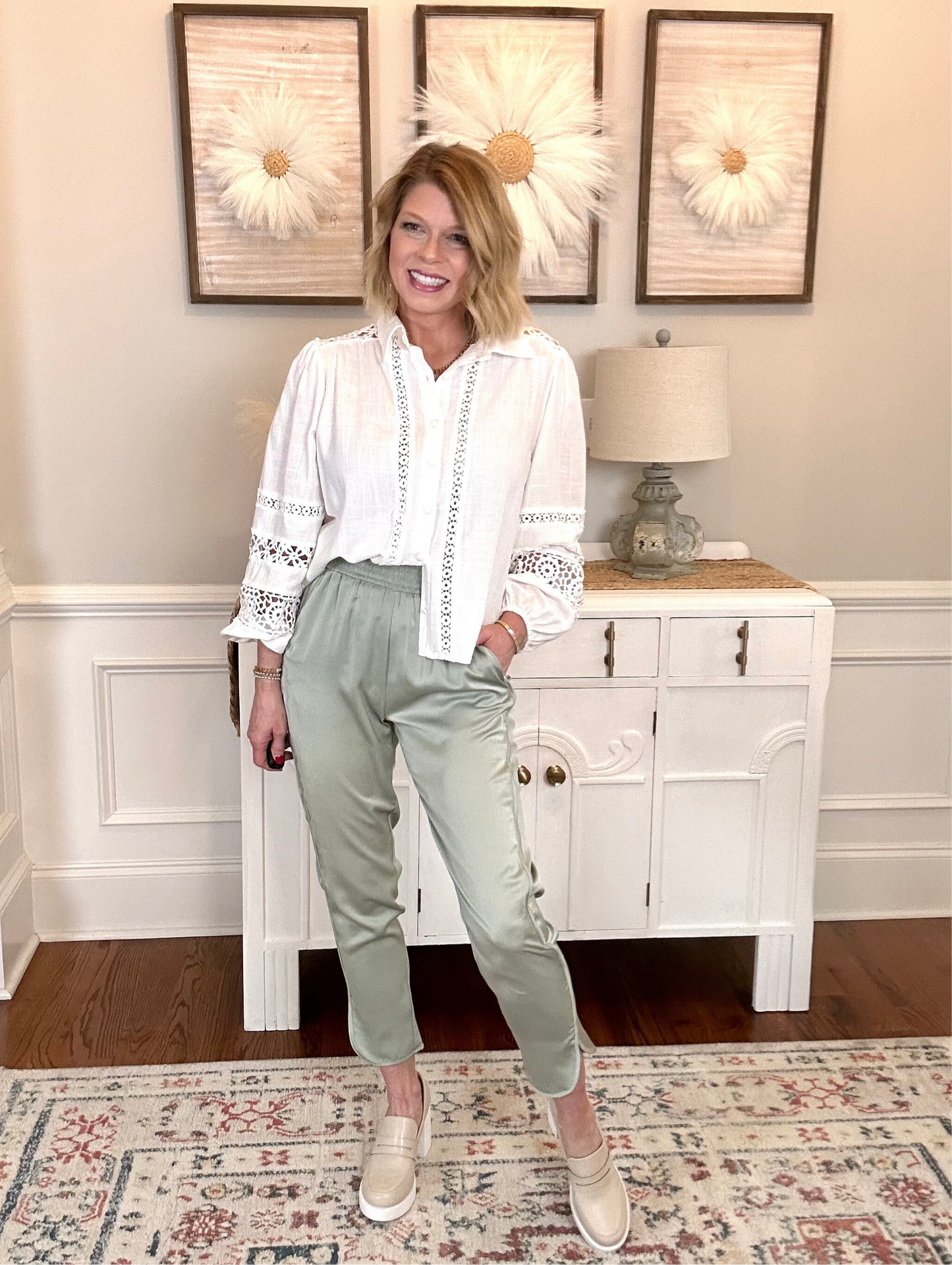 Palm Breeze Satin Joggers | Sage - The Sassy Rack