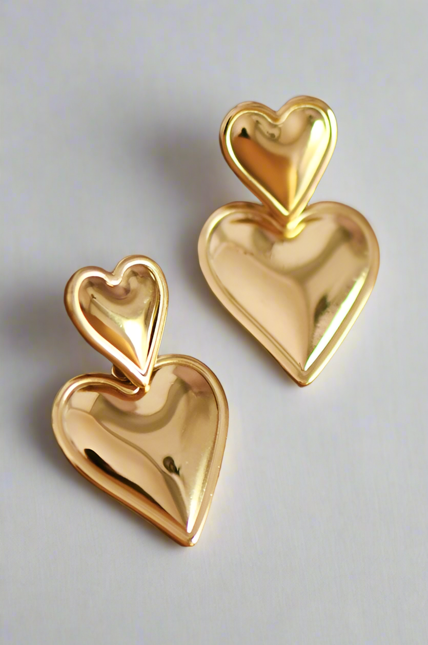 Double Heart Drop Gold Earrings | Waterproof - The Sassy Rack