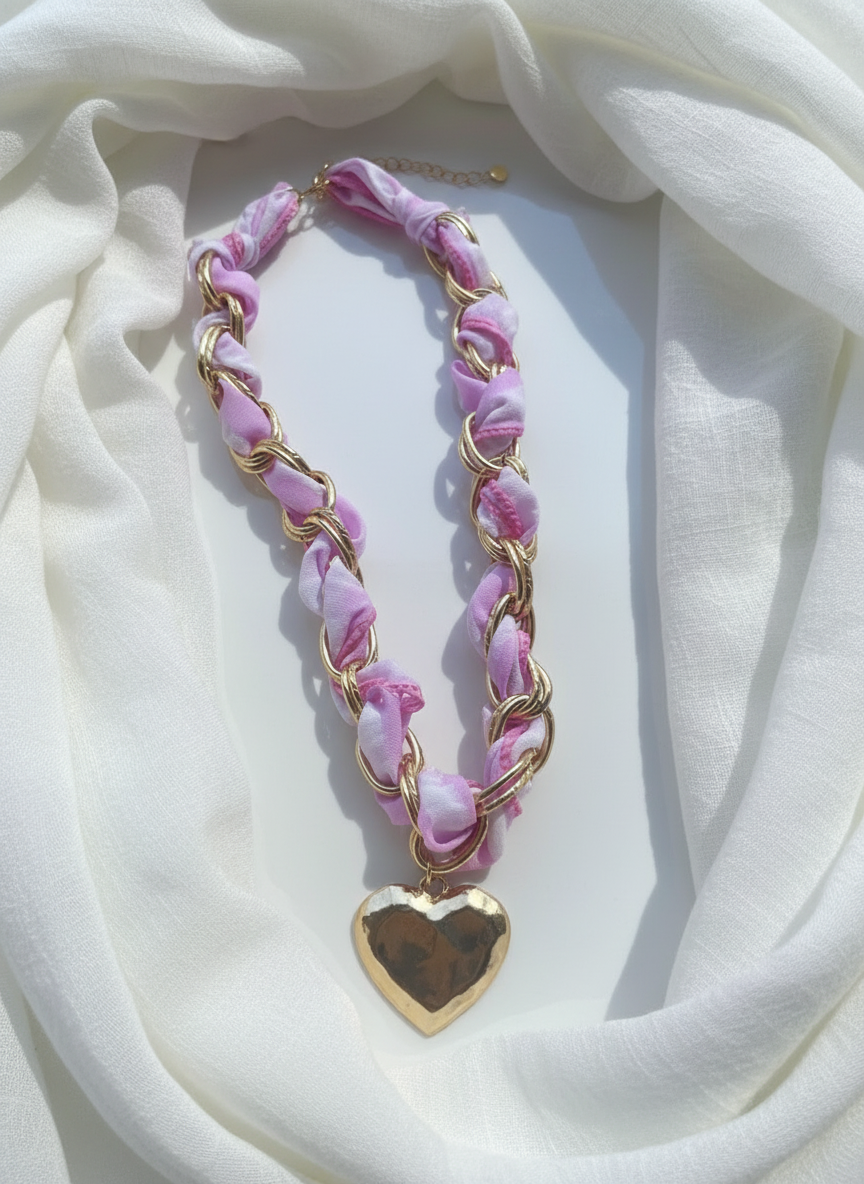 Heart Charm Scarf Necklace | Pink