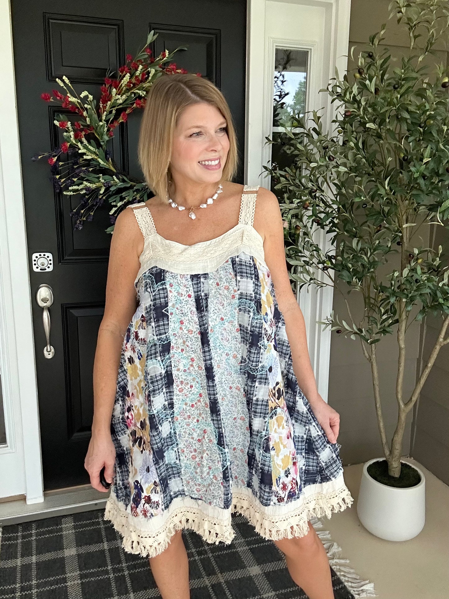 Sweet Stitches Patchwork Mini Sundress | Blue Multi