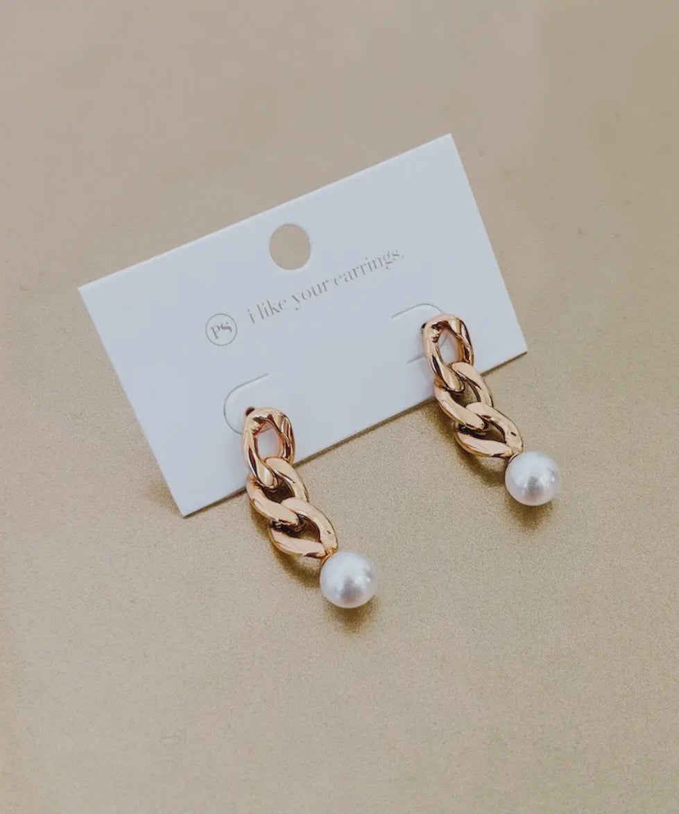 Twirling Pearl Gold Chain Drop Earrings | Waterproof