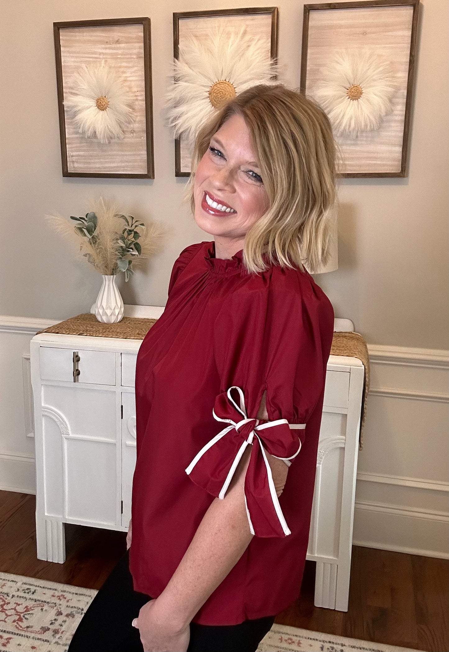 Crimson Ribbon Cuff Top | Red