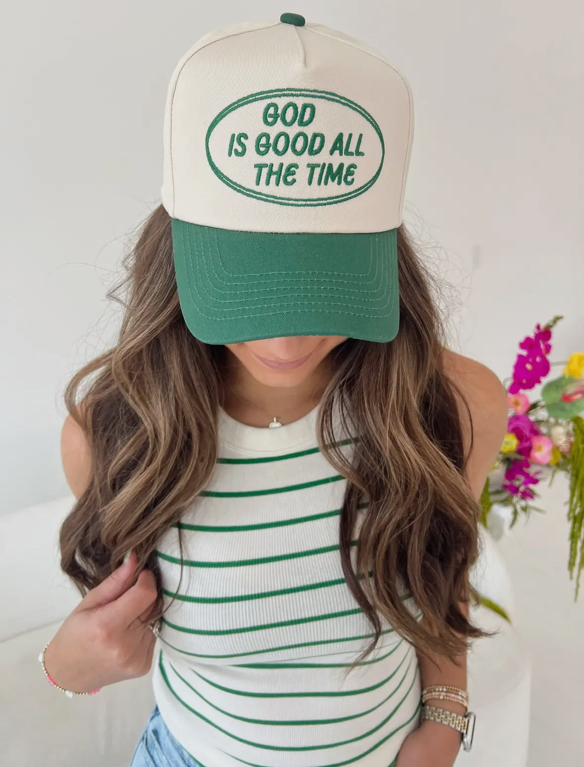 God Is Good Embroidered Trucker | Green
