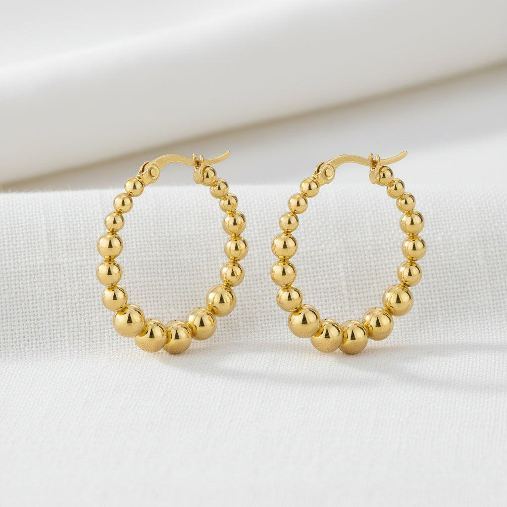 Monroe Gold Oval Beaded Hoops| Water Resistant
