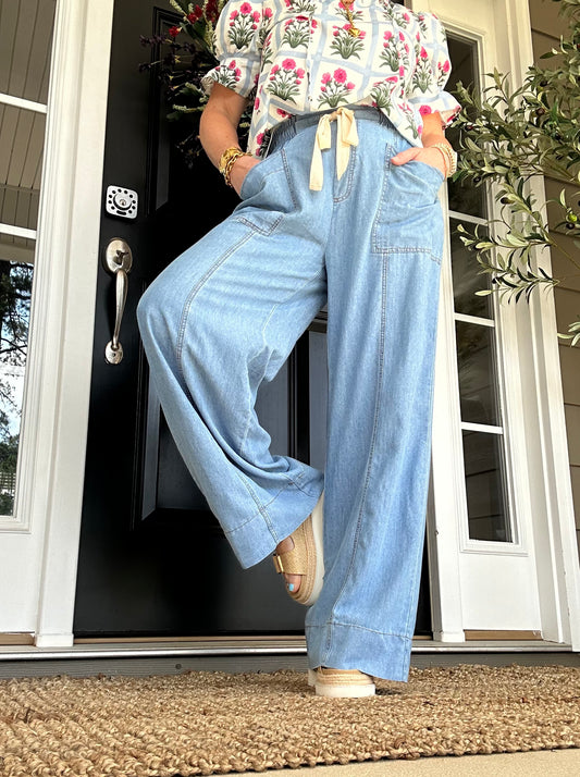 Drawstring Wide Leg Denim