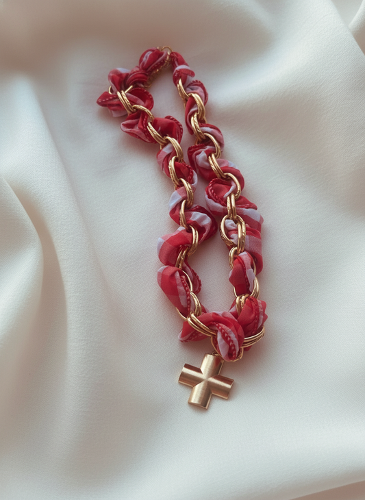 Cross Charm Scarf Necklace | Red