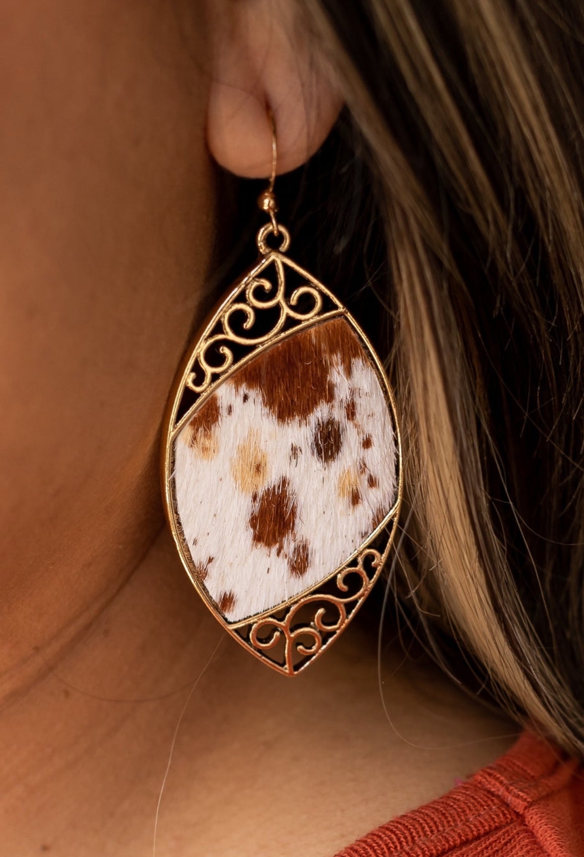 Gold Scrolled Cowhide Earrings - The Sassy Rack