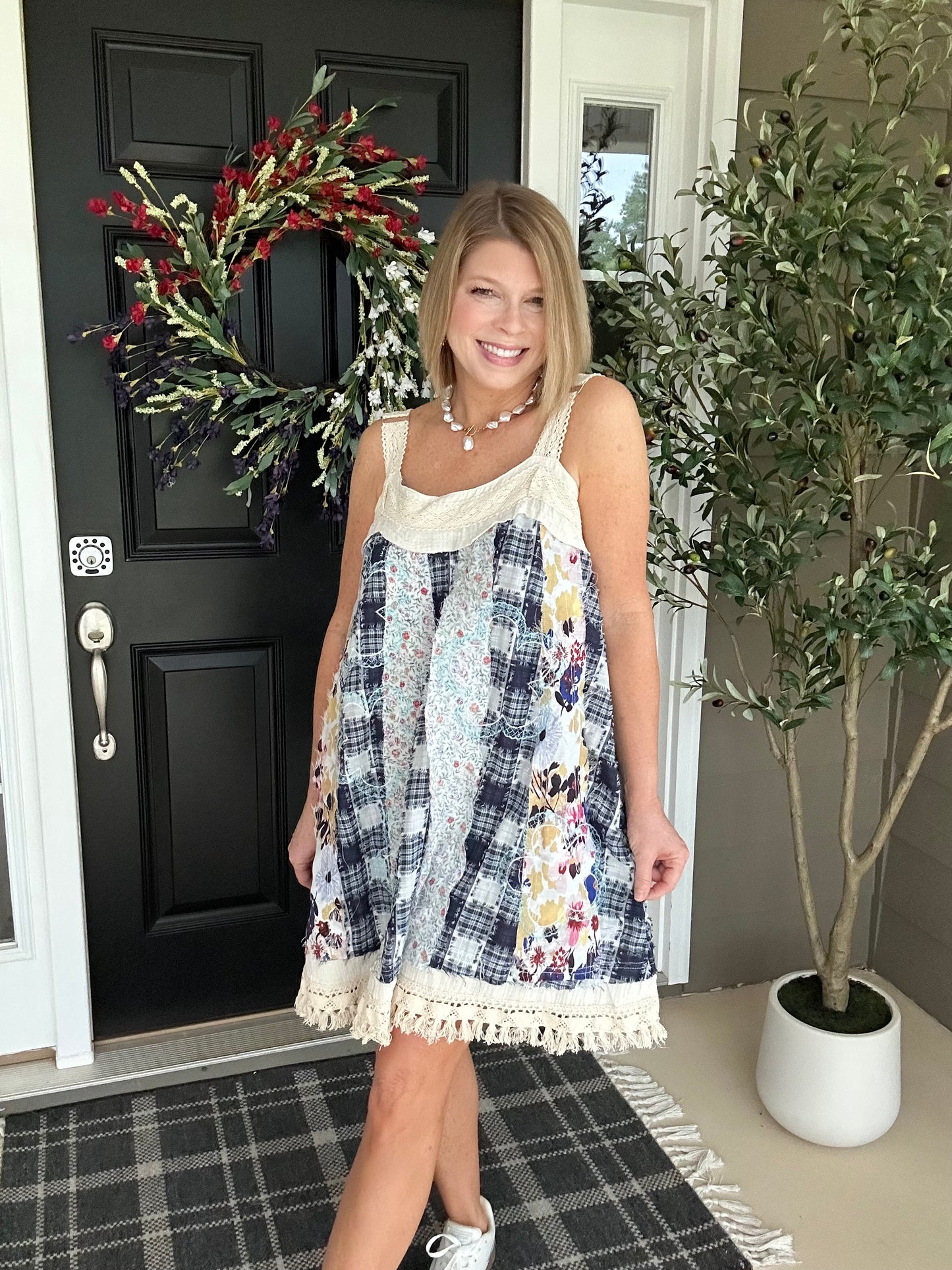 Sweet Stitches Patchwork Mini Sundress | Blue Multi