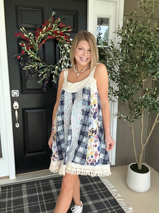 Sweet Stitches Patchwork Mini Sundress | Blue Multi