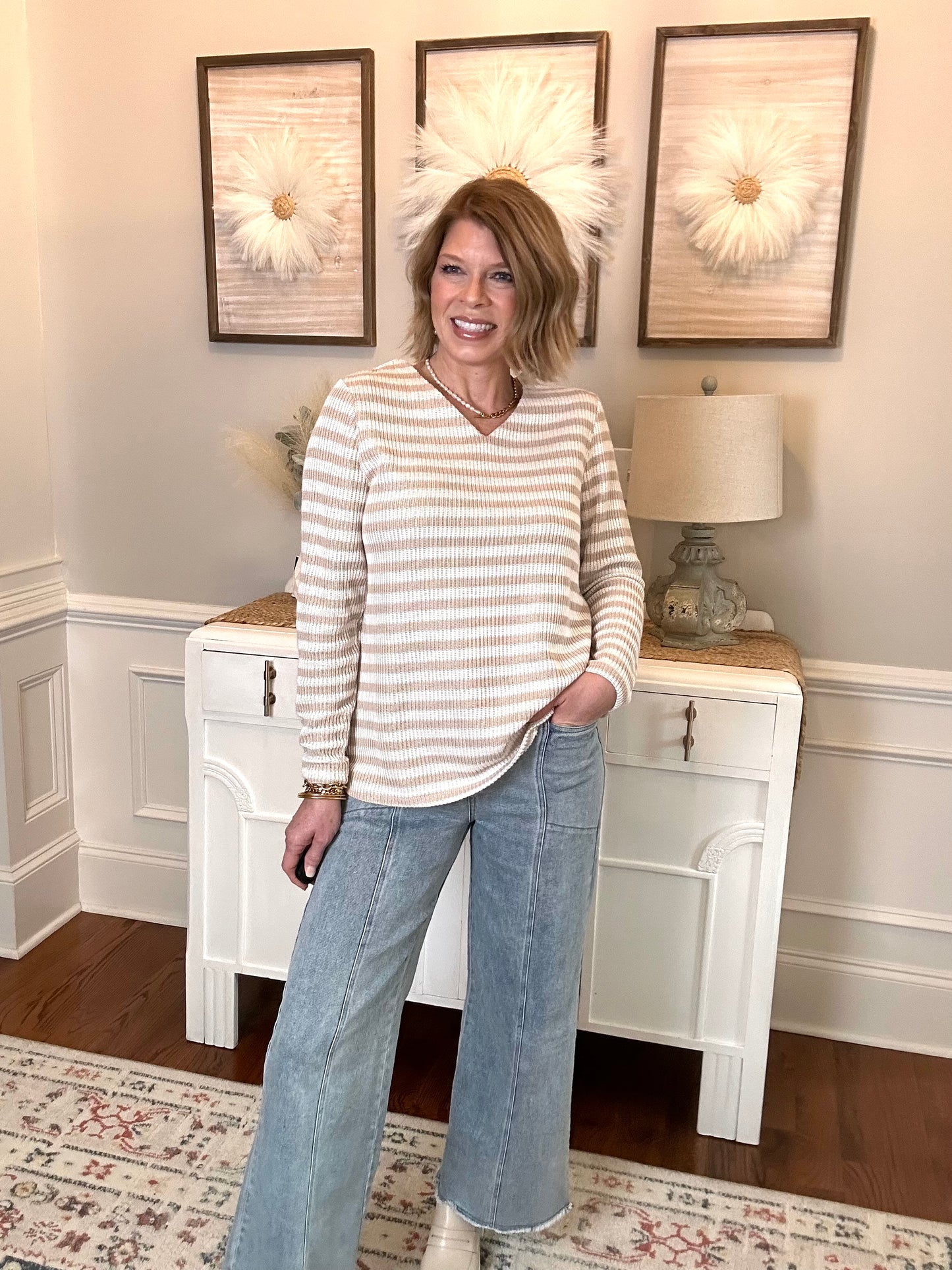 Casual Comfort Striped Sweater | Tan