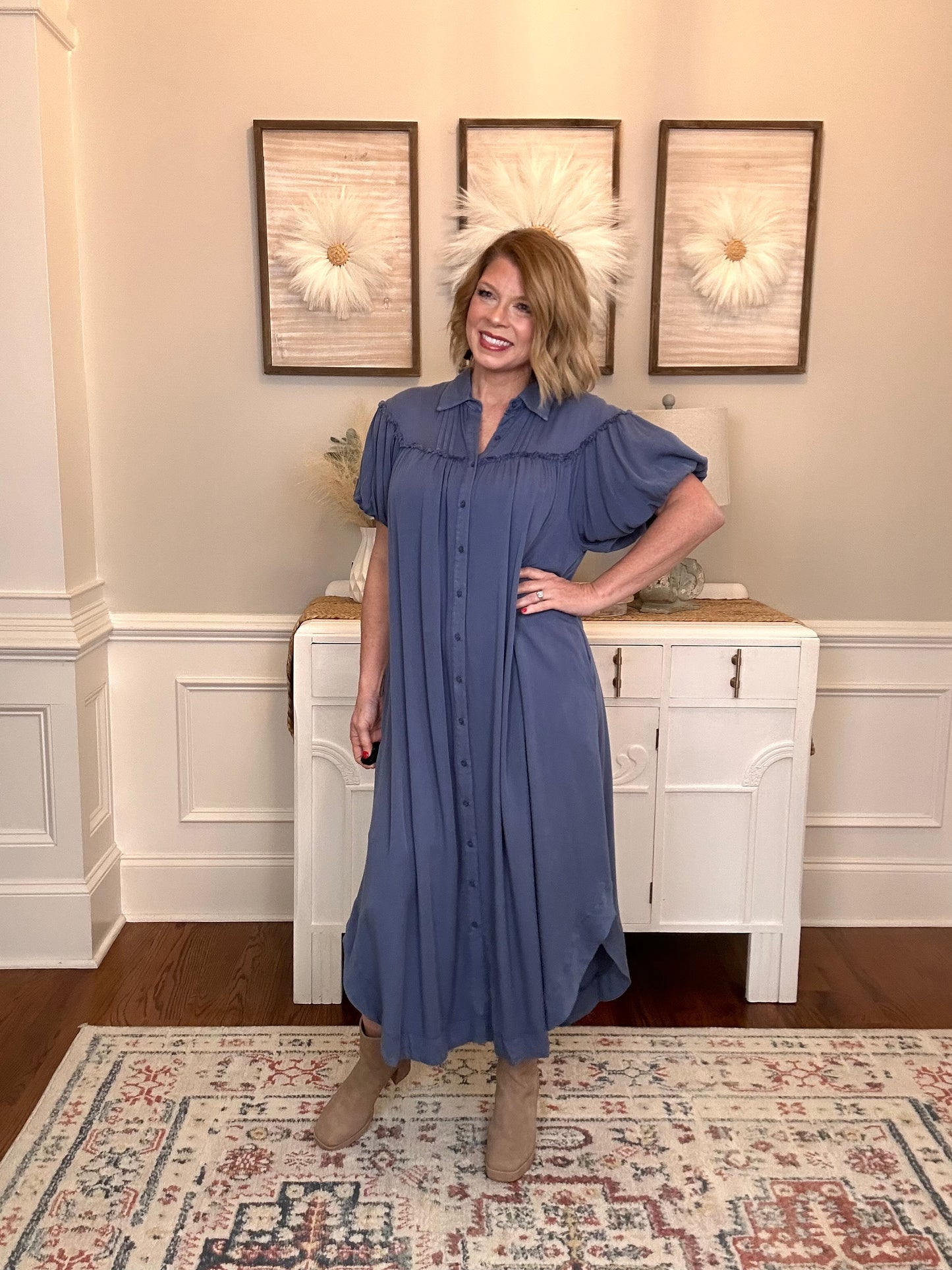 Maya Mineral Washed Puff Sleeve Maxi | Denim Blue - The Sassy Rack