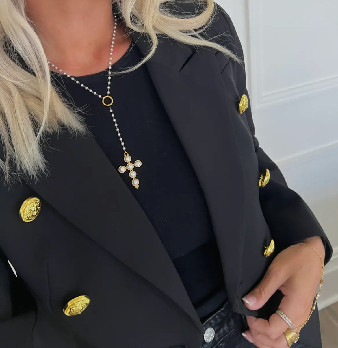 Lariat Pearl Cross Necklace | Gold