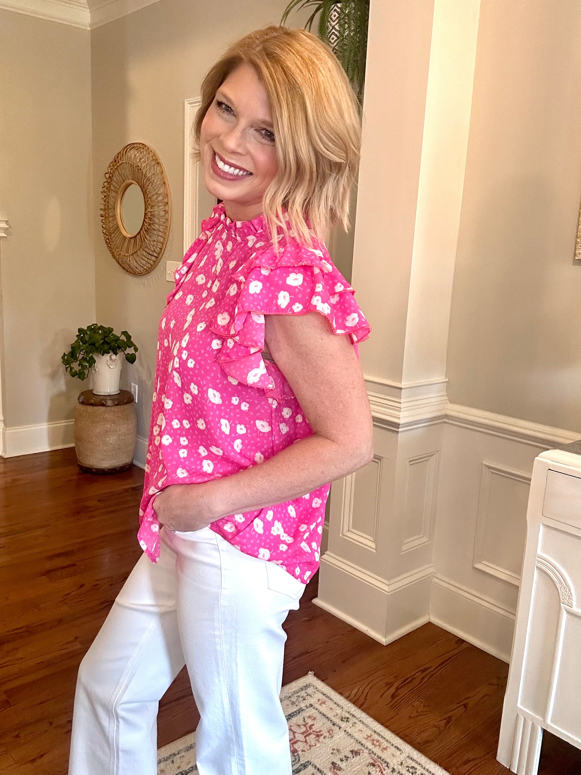 Think Pink Flutter Sleeve Top - The Sassy Rack