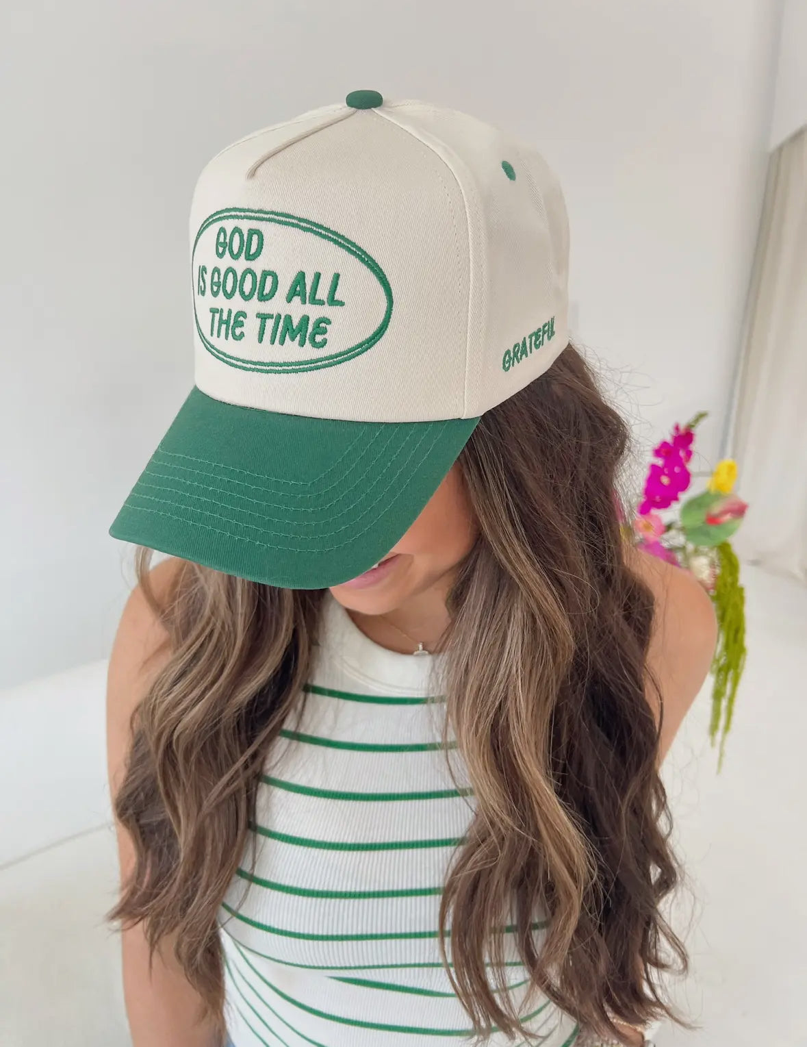 God Is Good Embroidered Trucker | Green