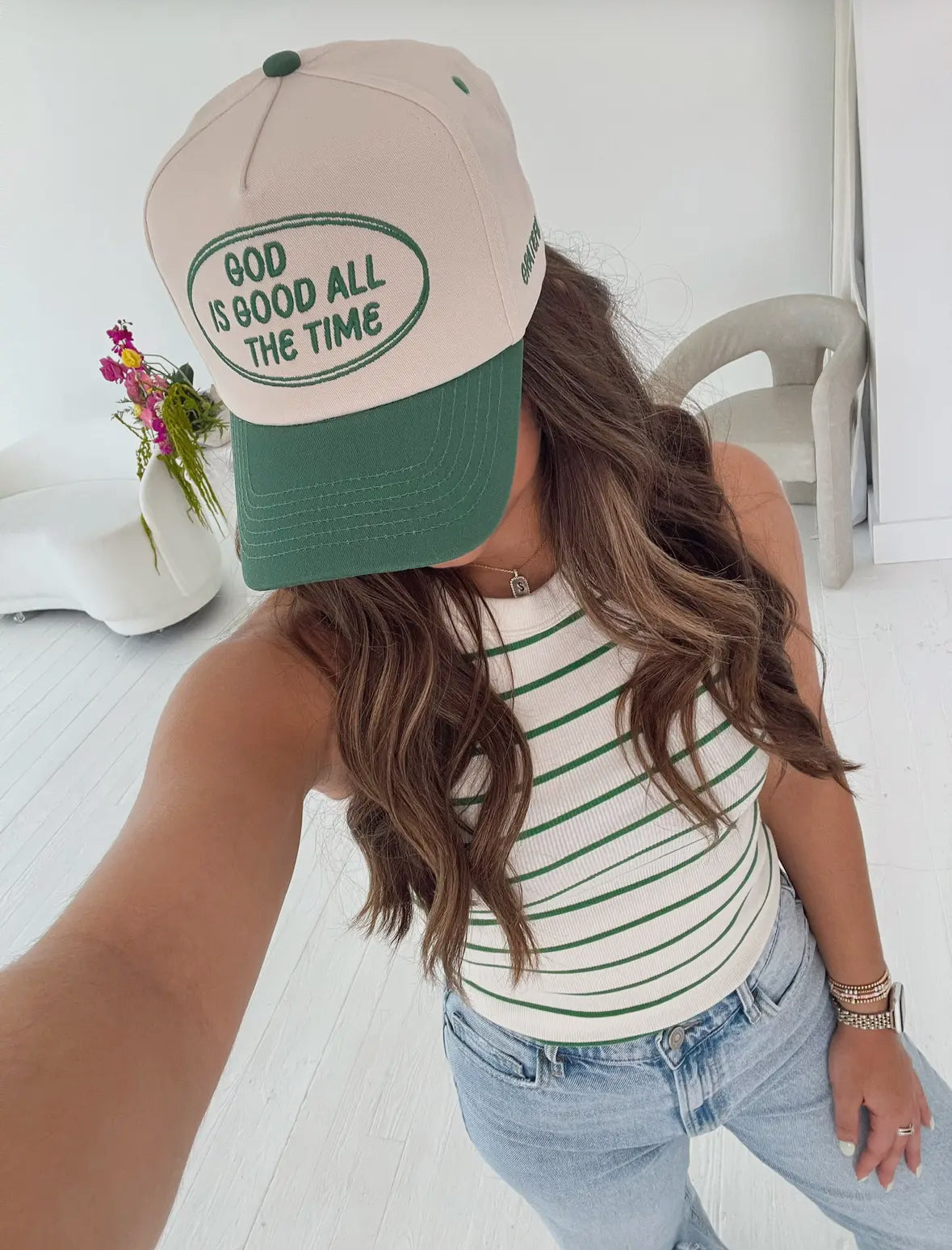 God Is Good Embroidered Trucker | Green