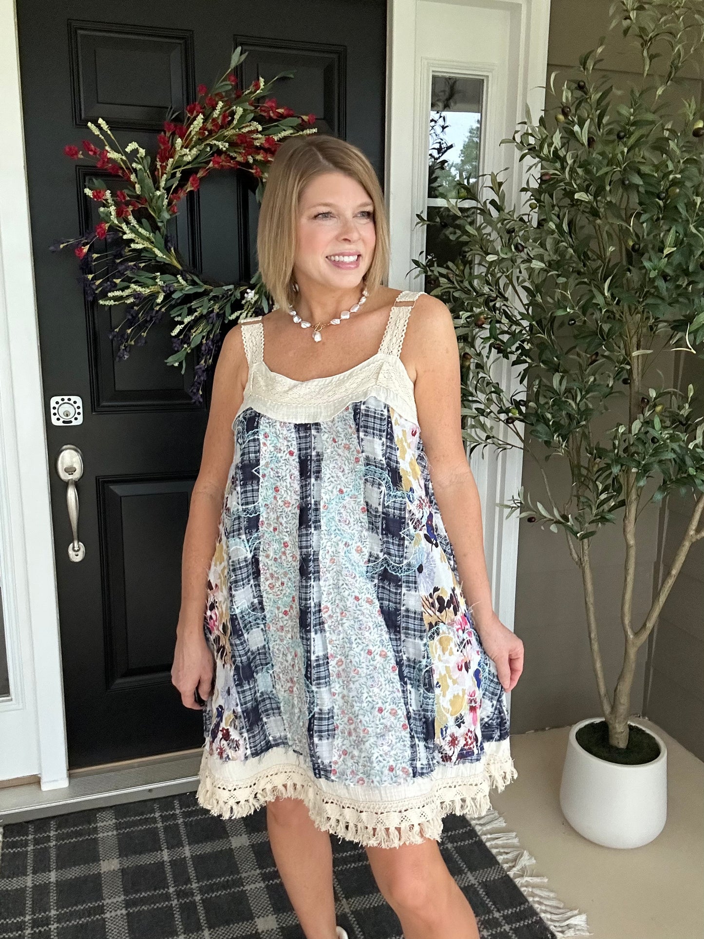 Sweet Stitches Patchwork Mini Sundress | Blue Multi
