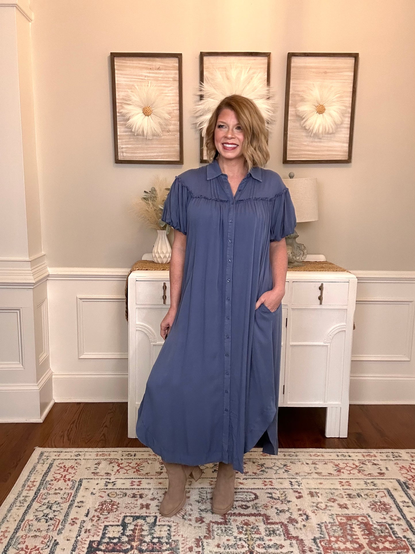 Maya Mineral Washed Puff Sleeve Maxi | Denim Blue - The Sassy Rack