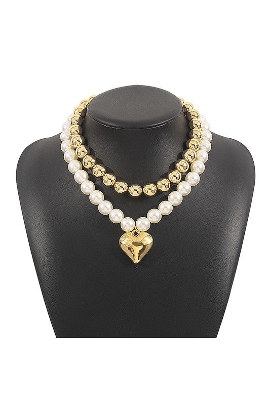 Mia Statement Pearl Beaded Heart Necklace | 2 Piece Set